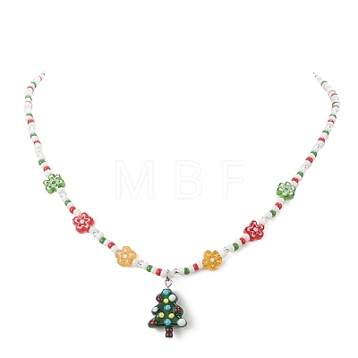 Christmas Tree Lampwork Pendant Necklace with Glass Seed Flower Chains for Women NJEW-TA00070-1
