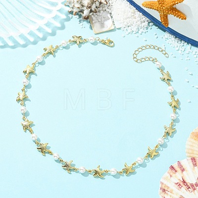 Ocean 304 Stainless Steel Sea Animals Handmade Link Chain Necklaces with White Round Shell Pearl Beads NJEW-JN06097-02-1