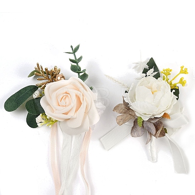 2Pcs 2 Style Silk Cloth Rose Flower Boutonniere Brooch & Wrist Corsage AJEW-CP0001-53-1