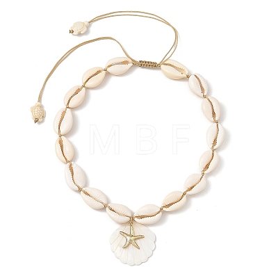 Summer 304 Stainless Steel Starfish and Natural Freshwater Shell Carved Pendant Necklaces NJEW-JN06566-01-1