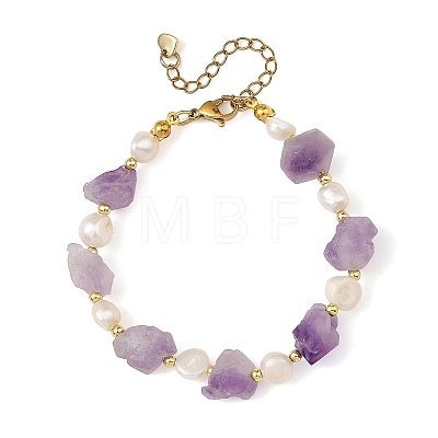 Raw Natural Amethyst Nuggets and Natural Cultured Freshwater Pearl Bead Beaded Bracelets BJEW-JB14387-01-1