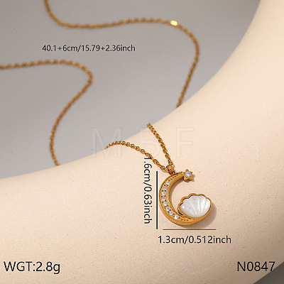 304 Stainless Steel Pave Clear Cubic Zirconia & Natural White Shell Pendant Necklaces for Women WG91666-04-1