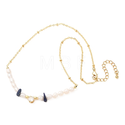 Natural Lapis Lazuli Chip and Rice Natural Pearl Beaded Necklaces GG-CBA3297-15G-C-1