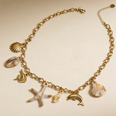 304 Stainless Steel Ocean Theme Shell Starfish Dolphin Multi Pendant Bib Necklace for Women Summer Beach Jewelry PT7319-1