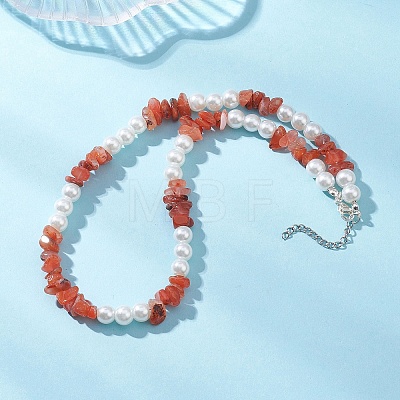 Natural South Red Agate Chip & Glass Pearl Round Beaded Necklaces for Women NJEW-JN05609-1