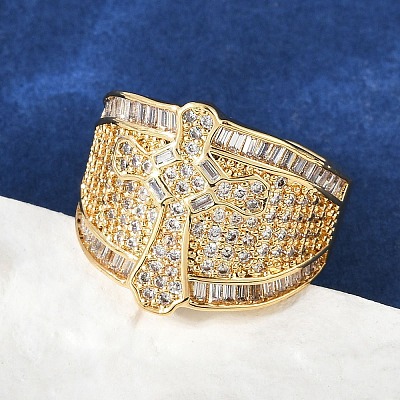 Brass Micro Pave Clear Cubic Zirconia Open Cuff Rings for Women RJEW-A059-04G-1