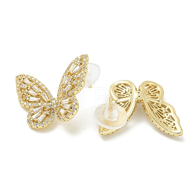 Rack Plating Butterfly Brass Micro Pave Clear Cubic Zirconia Stud Earrings EJEW-H014-09G-1