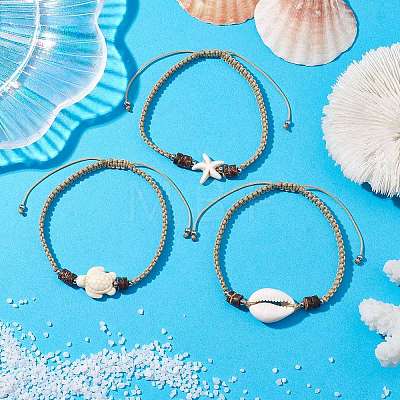3Pcs 3 Styles Turtle & Starfish Dyed Synthetic Turquoise & Cowrie Shell Braided Bead Bracelet Sets BJEW-JB10281-1