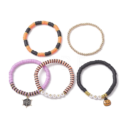 5Pcs Halloween Handmade Polymer Clay & Acrylic Beaded Stretch Bracelets Kit BJEW-TA00480-1