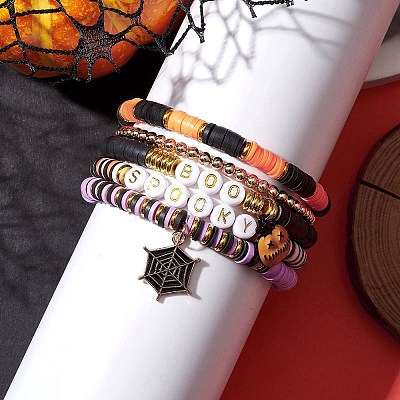 5Pcs Halloween Handmade Polymer Clay & Acrylic Beaded Stretch Bracelets Kit BJEW-TA00480-1