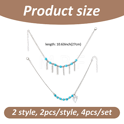 4Pcs 2 Styles Heart Wing Zinc Alloy Charm with Synthetic Turquoise Beads Boot Strap Chains BJEW-FH00002-1