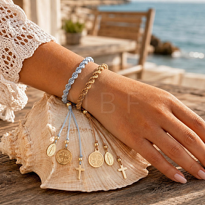 2Pcs 2 Colors Adjustable Polyester Braided Bracelets with 304 Stainless Steel and Brass Cross and Saint Benedict Medal Tassel Charms IW4580-1