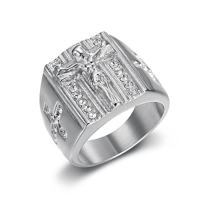 Cross with Jesus Pattern 304 Stainless Steel with Crystal Rhinestone Finger Rings for Men FS-WG78AD7-11-1