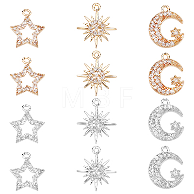 12Pcs 6 Style Rack Plating Brass Micro Pave Cubic Zirconia Charms ZIRC-FH0001-18-1