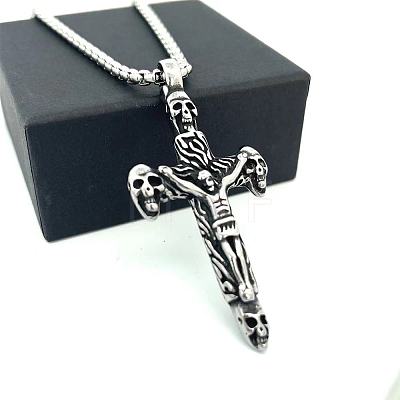 Vintage Punk 304 Stainless Steel Skull Jesus Cross Pendant Necklaces for Men AP1253-1