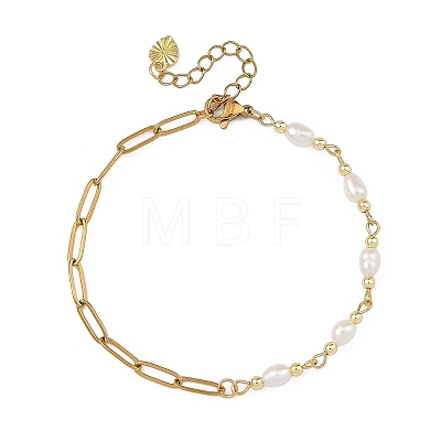Natural Pearl Rice Beaded Chain Bracelets with 304 Stainless Steel Paperclip Chains BJEW-JB14234-01-1