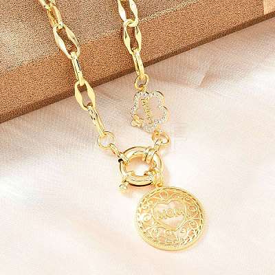 Mother's Day Brass Micro Pave Clear Cubic Zirconia Hollow Flat Round with Heart Mama Pendant Necklaces for Women NJEW-A071-05G-1
