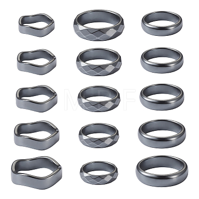 15Pcs 15 Styles Synthetic Hematite Plain Band Finger Rings RJEW-BY0001-01-1