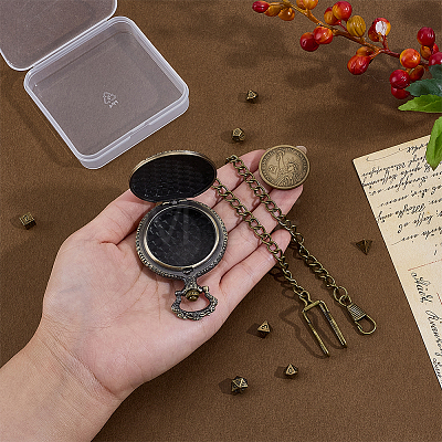 Vintage Alloy Flat Round Dragon Eye Pocket Watch with Brass Curb Chain AJEW-PH0007-67AB-1