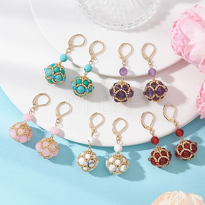 Gemstone & Seed Beads Leverback Dangle Earring for Women EJEW-MZ00725-1