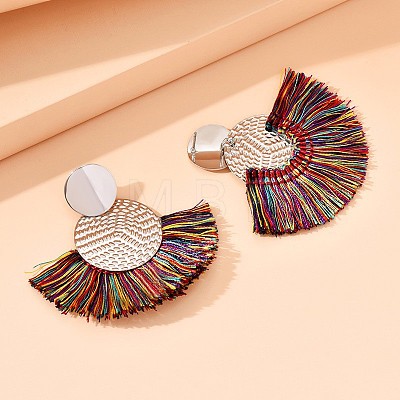 Flat Round with Fan Bohemian Style Iron Tassel Stud Earrings FS-WGA1D99-06-1