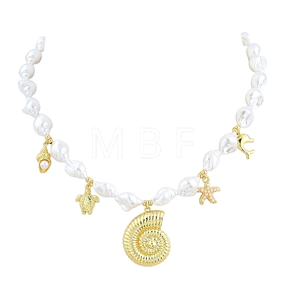 Ocean Brass Conch Shell Dolphin Turtle Pendant White ABS Plastic Imitation Keshi Pearl Beaded Necklaces KK-CBA4547-02G-1