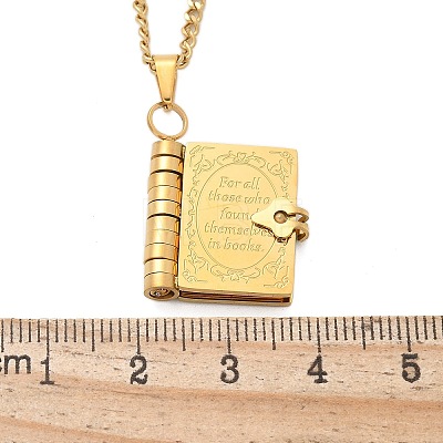 304 Stainless Steel Book Pendant Necklaces for Women NJEW-U037-01A-G-1