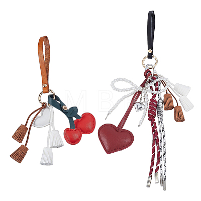 2Pcs 2 Styles Imitation Leather & Faux Suede Tassel & Plastic Pearl Heart Cherry Bowknot Pendant Keychains HJEW-GA00082-1