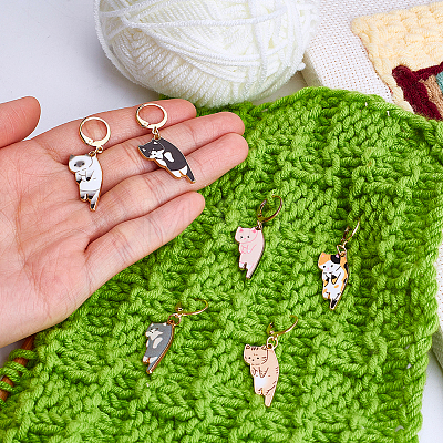 18Pcs 6 Styles Alloy Enamel Cat Shape Pendant Locking Stitch Markers HJEW-ME00171-1