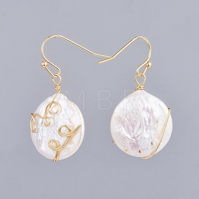 Flat Round Natural Baroque Pearl Keshi Pearl Dangle Earrings EJEW-JE03403-1