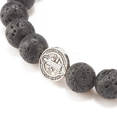 Natural Lava Rock Stretch Bracelet with Alloy Cross Coin BJEW-JB08192-03-1