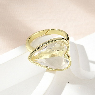 Heart Brass Natural Quartz Crystal Finger Rings RJEW-D304-01G-F-1