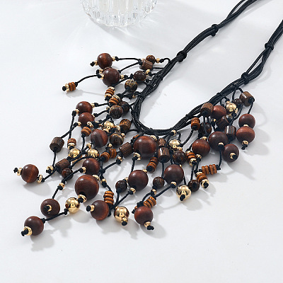 Bohemian Style Round Wood & CCB Beads Tassel Bib Necklaces WGF170D-01-1