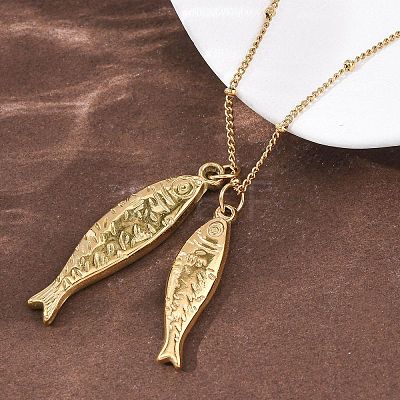 304 Stainless Steel Couple Fish Pendant Satellite Chain Necklaces for Women NJEW-Z108-02G-1