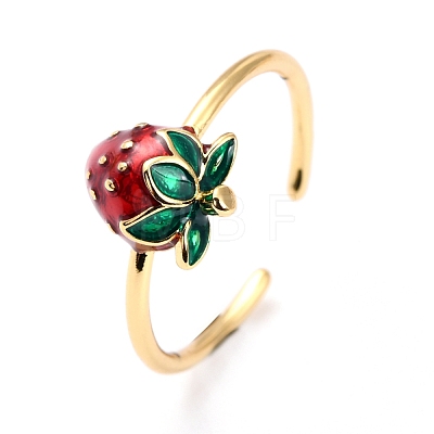 Brass Enamel Strawberry Cuff Rings RJEW-O046-04G-1