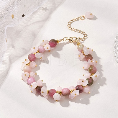 Brass & Natural Mixed Gemstone Chip & Round Beads Bracelets for Women BJEW-JB13151-01-1