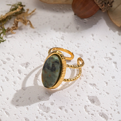 304 Stainless Steel with Natural Gemstone Cuff Open Rings for Women FS3382-1
