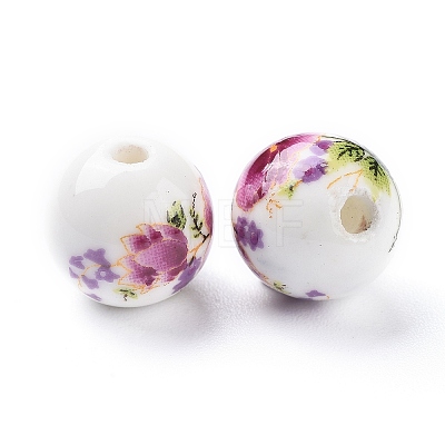 Floral Printed Porcelain Beads X-CFF042Y-1