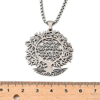 304 Stainless Steel Hollow Tree of Life Pendant Box Chain Necklaces NJEW-M086-04P-1