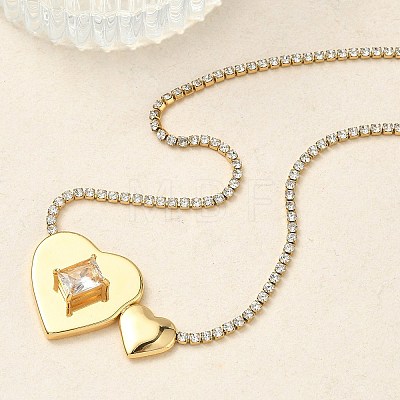 304 Stainless Steel Clear Glass Heart Pendant Rhinestone Tennis Necklaces for Women NJEW-A074-01G-1