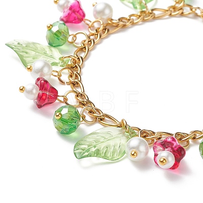 5Pcs 5 Color Glass Pearl & Trumpet Flower & Acrylic Leaf Charm Bracelets Set BJEW-JB08909-1