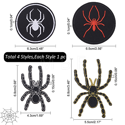 WADORN 4Pcs 4 Styles Halloween Spider Pattern Polyester Embroidered Iron on Cloth Patches FIND-WR0010-90-1