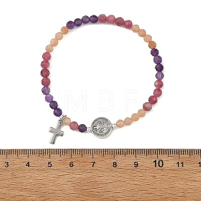 Gradient Natural Mixed Stone Faceted Round Beaded Stretch Bracelets with Alloy Saint Benedict Medal BJEW-JB14401-03-1