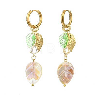 Leaf Natural Freshwater Shell & Teardrop Glass Dangle Earrings EJEW-JE07148-1