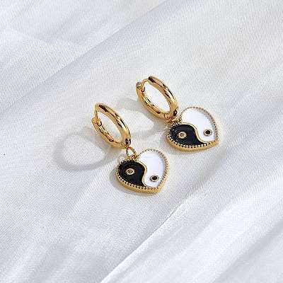 Clear Cubic Zirconia Heart with Yin Yang Dangle Hoop Earrings with Enamel EJEW-SW00011-18-1