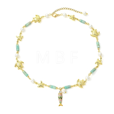 304 Stainless Steel Enamel & Shell Pearl & Natural Amazonite Pendant Necklaces NJEW-JN06621-1
