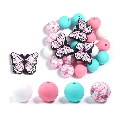 25Pcs Butterfly & Round Silicone Focal Beads SIL-L005-02D-1