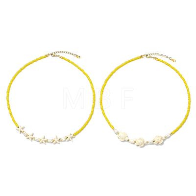 2Pcs 2 Styles Ocean Turtle Starfish Synthetic Turquoise & Natural Pearl & Glass Seed Beaded Necklaces NJEW-JN06130-02-1