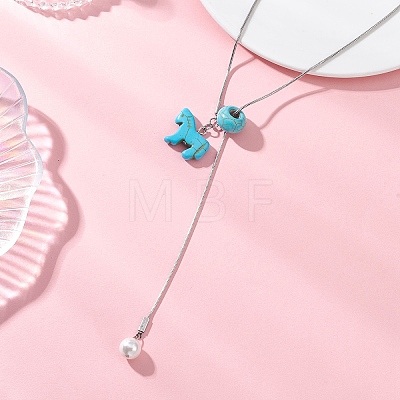 Dyed Synthetic Turquoise Horse with Shell Pearl Beads Pendant Necklaces NJEW-JN05895-01-1