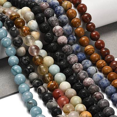 Natural Wood Lace Stone/Blue Spot Jasper/Black Netstone/Opal/Cherry Blossom Glass Beads Strands G-P562-C-02-1